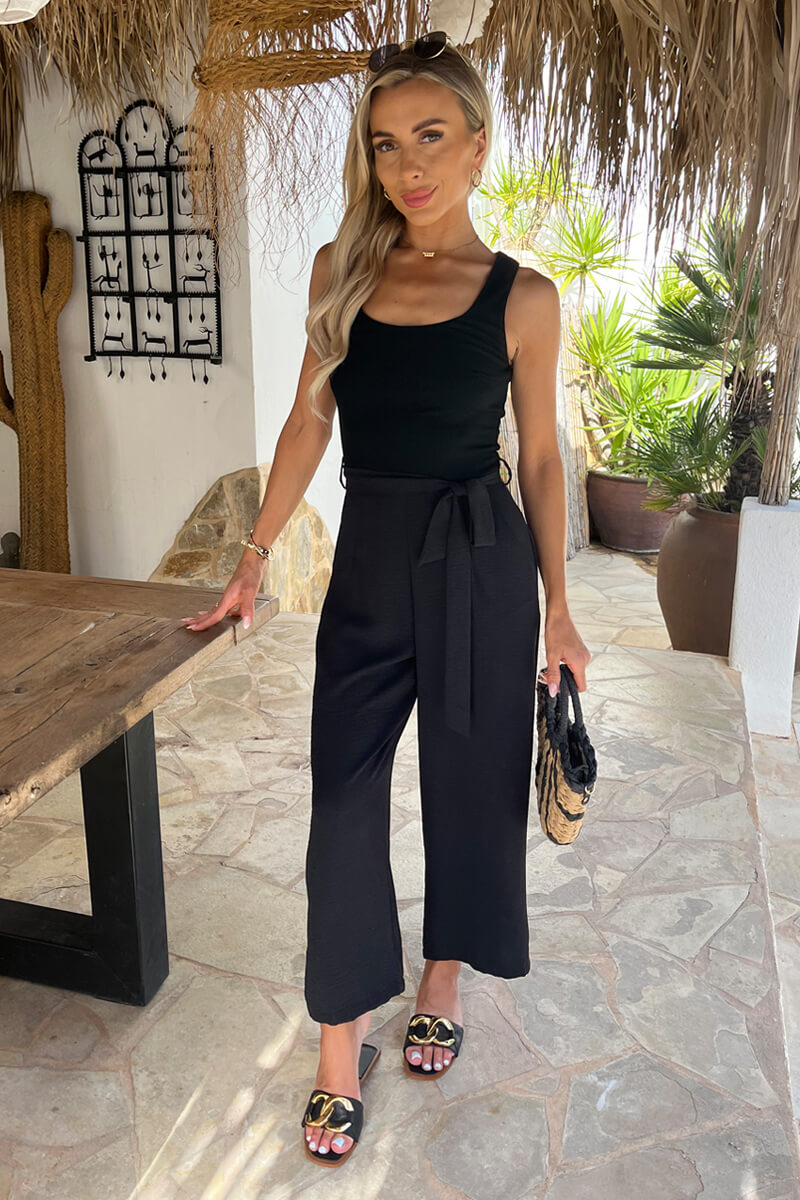 Black Ribbed Top Scoop Neck Tie Waist Jumpsuit