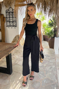 Black Ribbed Top Scoop Neck Tie Waist Jumpsuit