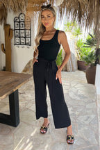 Black Ribbed Top Scoop Neck Tie Waist Jumpsuit