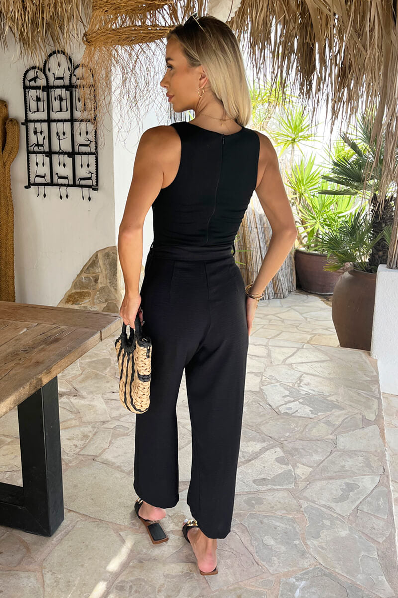 Black Ribbed Top Scoop Neck Tie Waist Jumpsuit