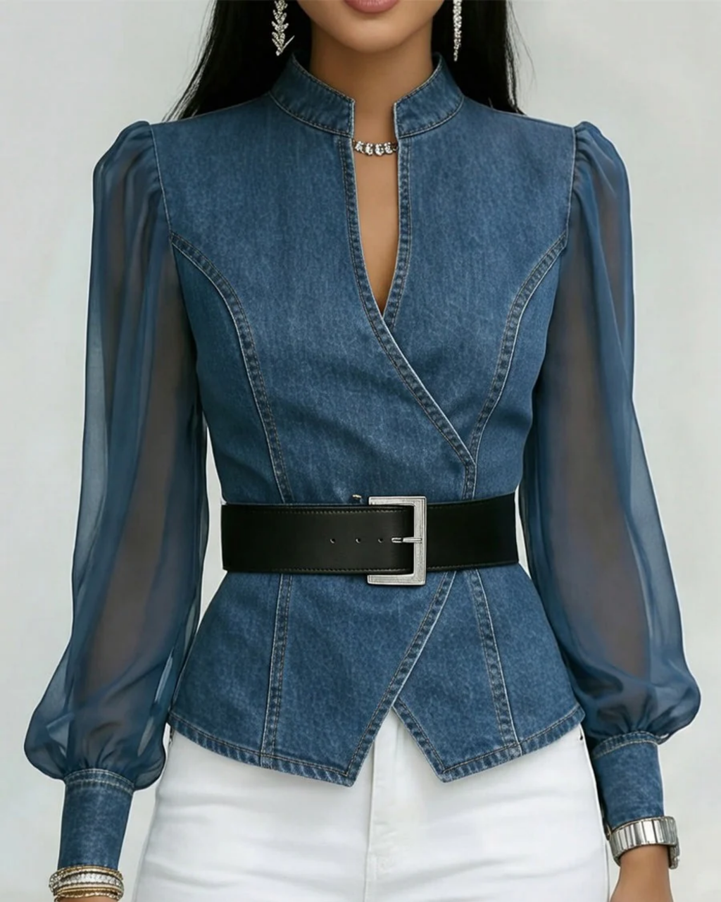 Alma | Top de Denim con Mangas de Gasa Ligera