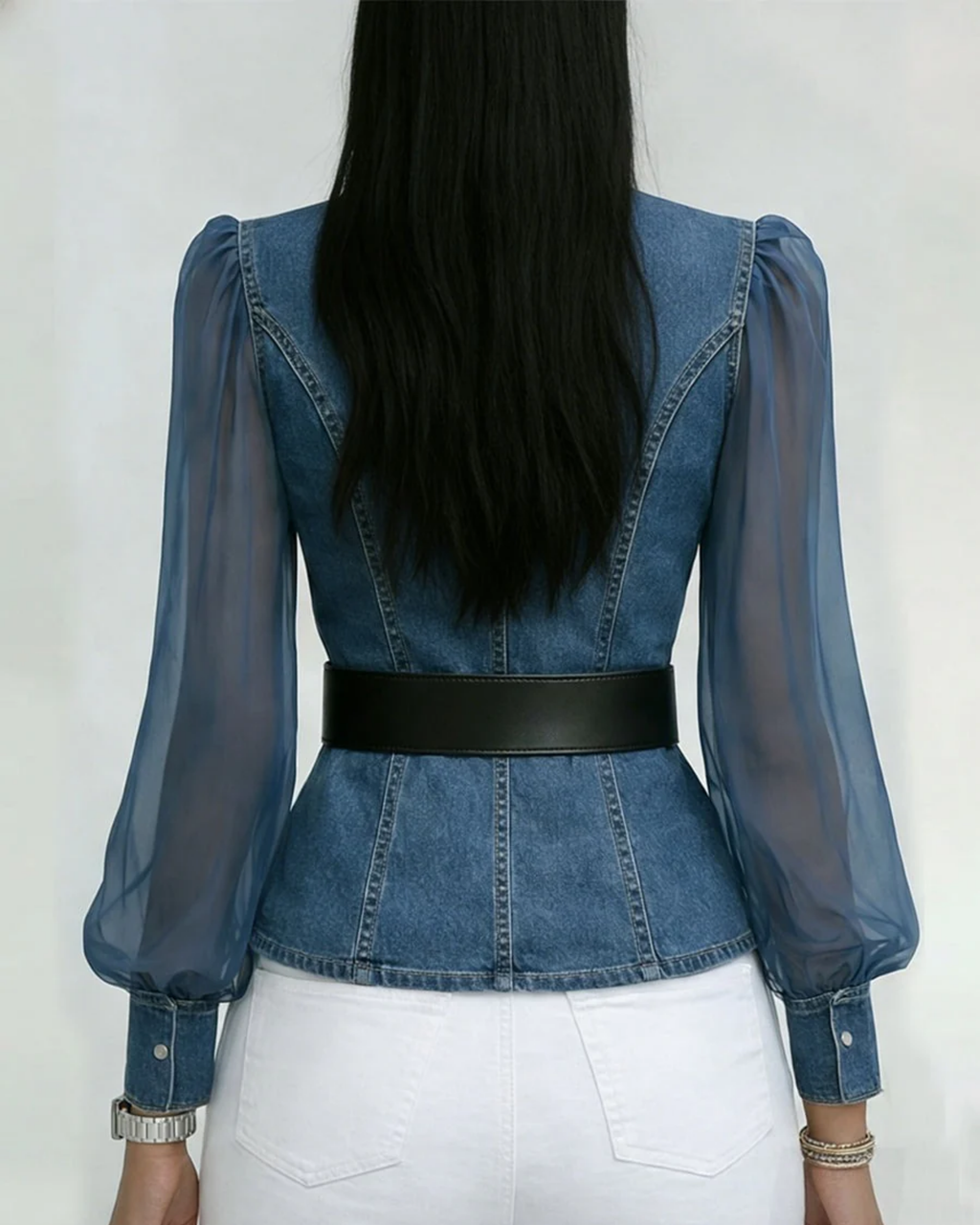 Alma | Top de Denim con Mangas de Gasa Ligera