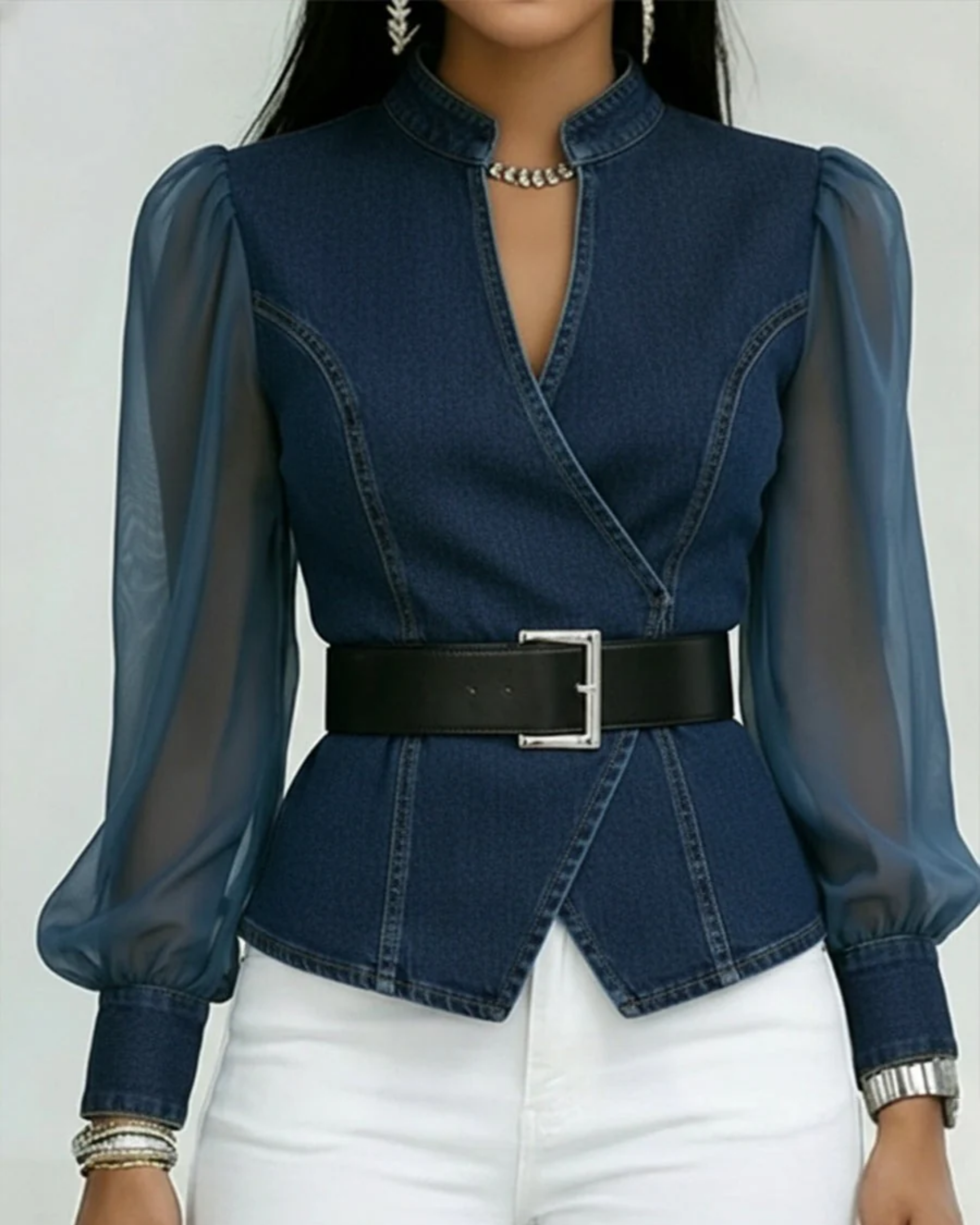 Alma | Top de Denim con Mangas de Gasa Ligera
