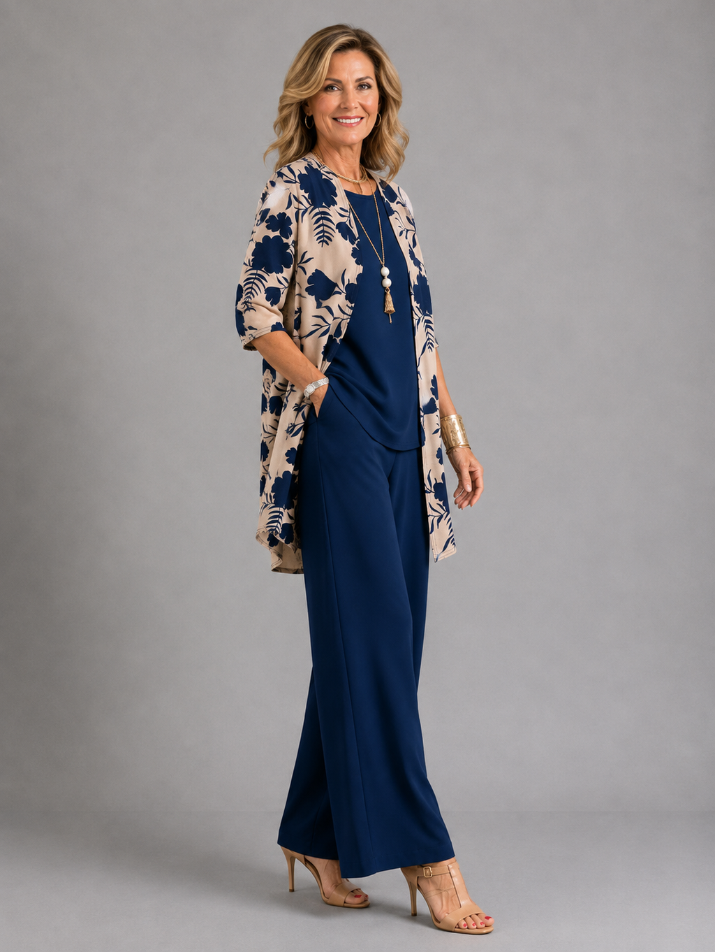 Noémie | Conjunto mujer 3 piezas elegante – Pantalón fluido y chaqueta floral