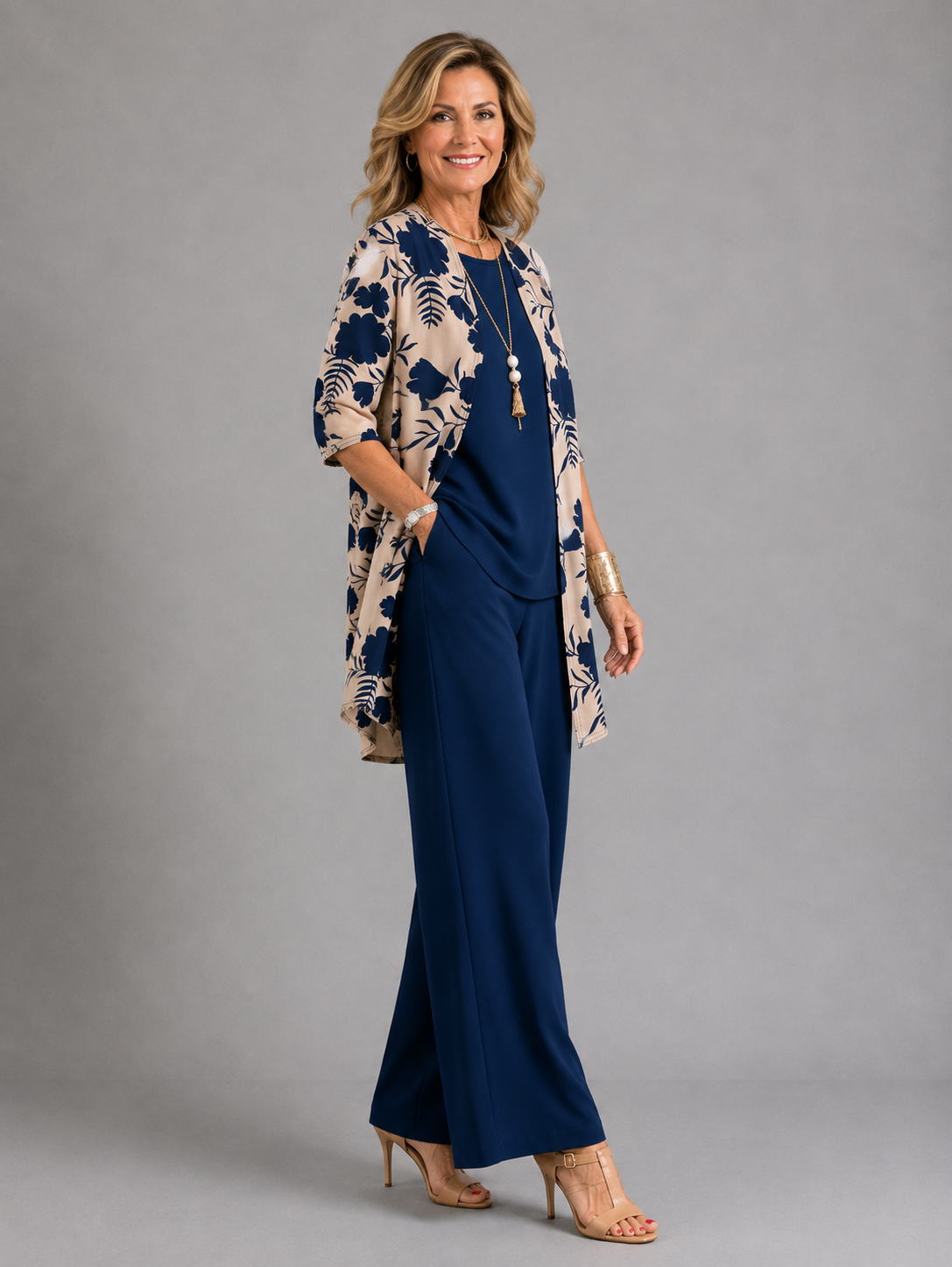 Noémie | Conjunto mujer 3 piezas elegante – Pantalón fluido y chaqueta floral