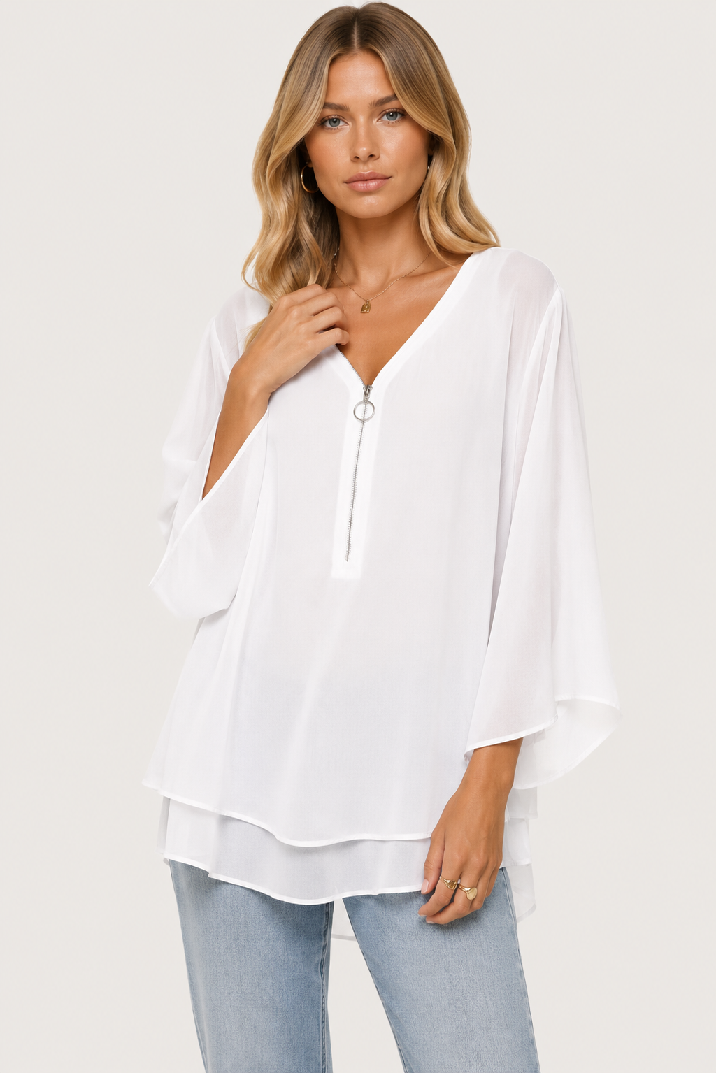 Olivia – Blusa de gasa con doble cremallera
