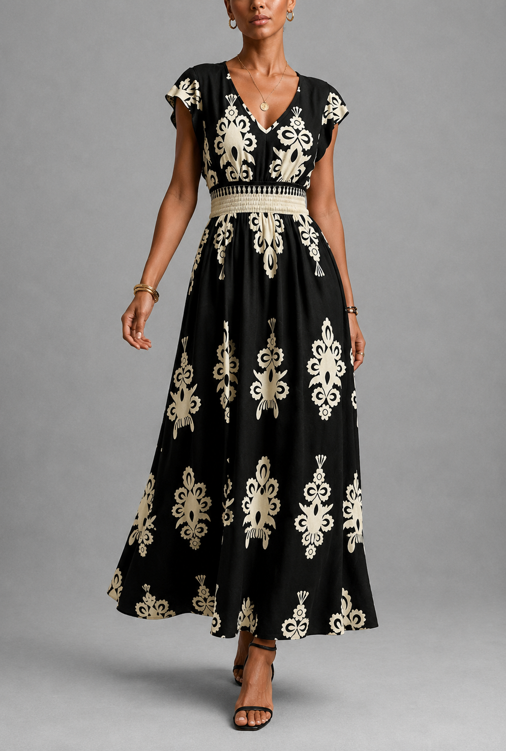 Cassis | Vestido maxi barroco con escote en V