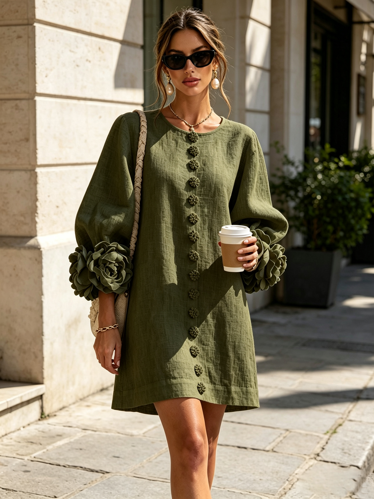 Rocío | Vestido Mini Camisero Floral Verde Oliva con Puños Florales Extravagantes