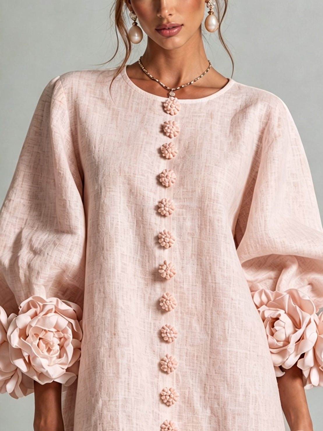 Rosalinda | Vestido Corto Rosa con Mangas de Flores