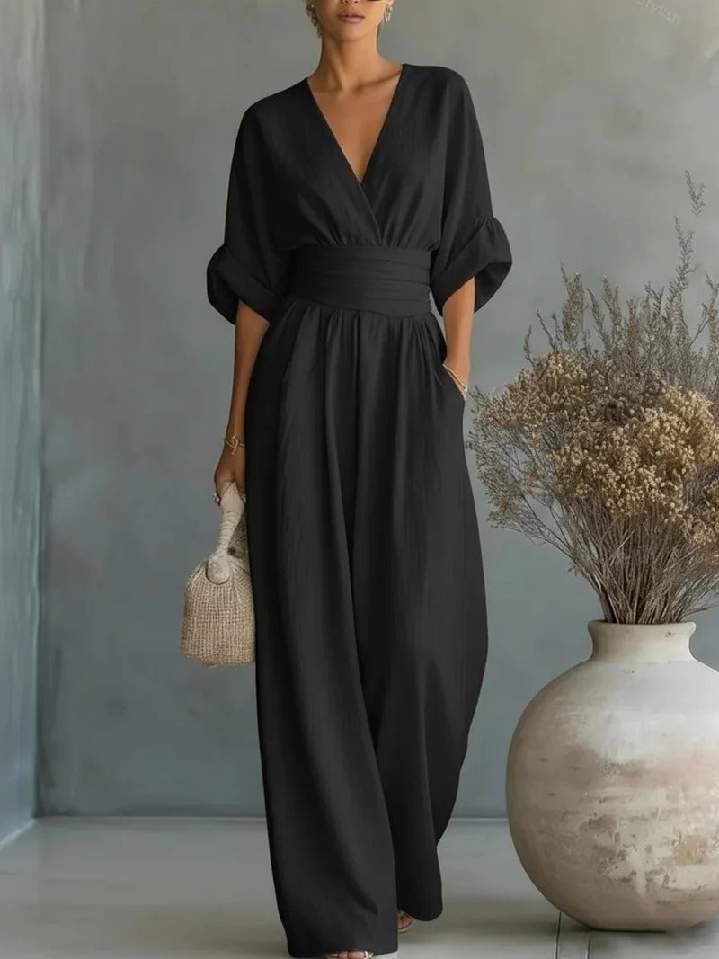Mono mujer elegante escote V - mono pantalón ancho cintura alta