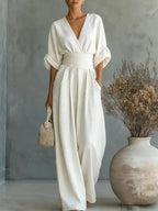 Mono mujer elegante escote V - mono pantalón ancho cintura alta