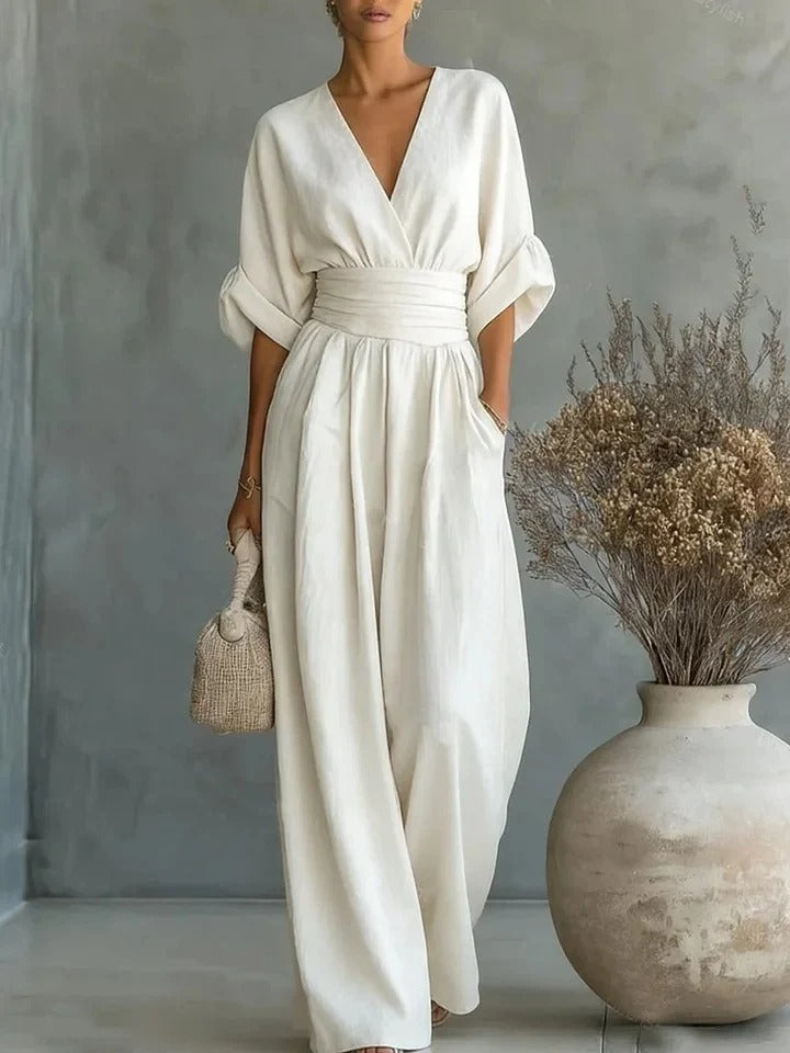 Mono mujer elegante escote V - mono pantalón ancho cintura alta