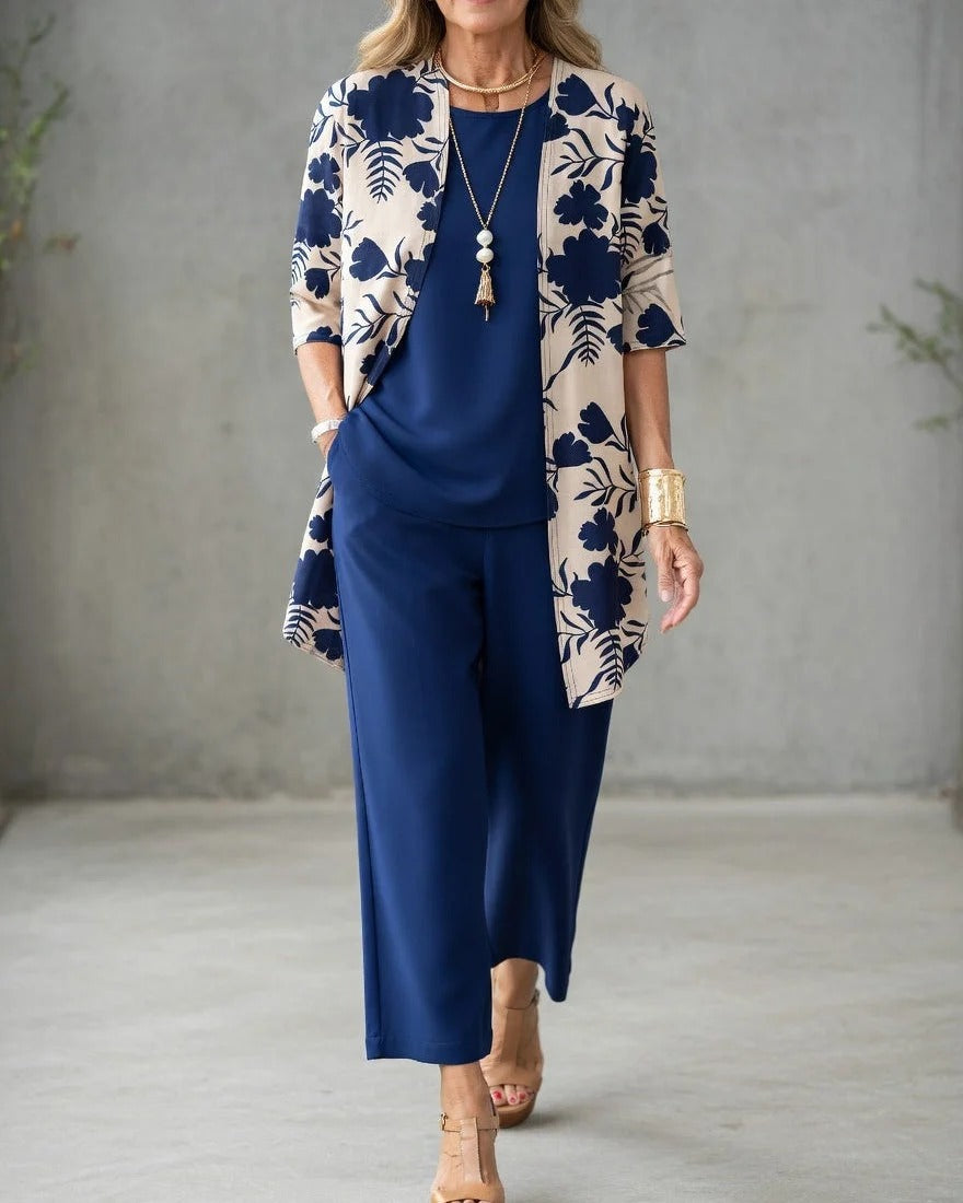 Noémie | Conjunto mujer 3 piezas elegante – Pantalón fluido y chaqueta floral