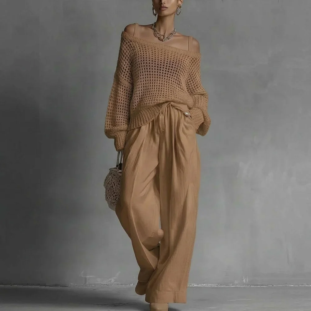Celine | Conjunto de mujer con suéter calado y pantalón ancho