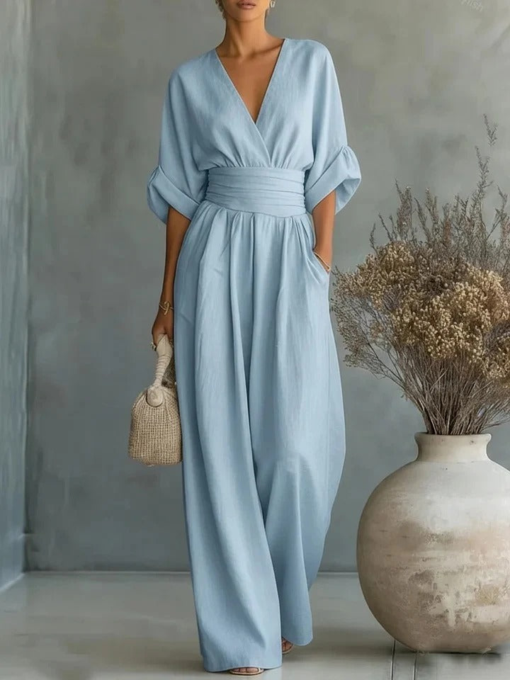 Mono mujer elegante escote V - mono pantalón ancho cintura alta