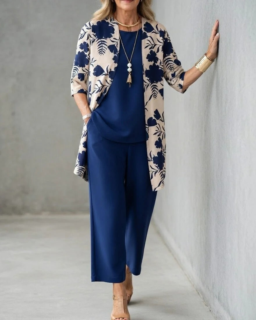 Noémie | Conjunto mujer 3 piezas elegante – Pantalón fluido y chaqueta floral