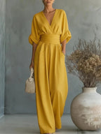 Mono mujer elegante escote V - mono pantalón ancho cintura alta