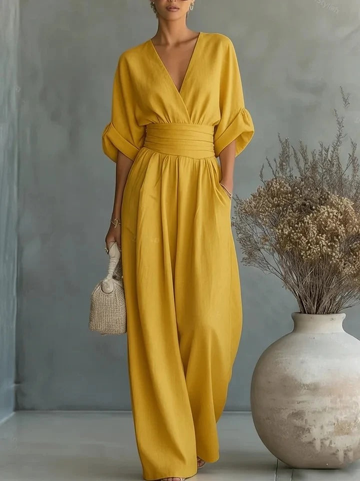 Mono mujer elegante escote V - mono pantalón ancho cintura alta