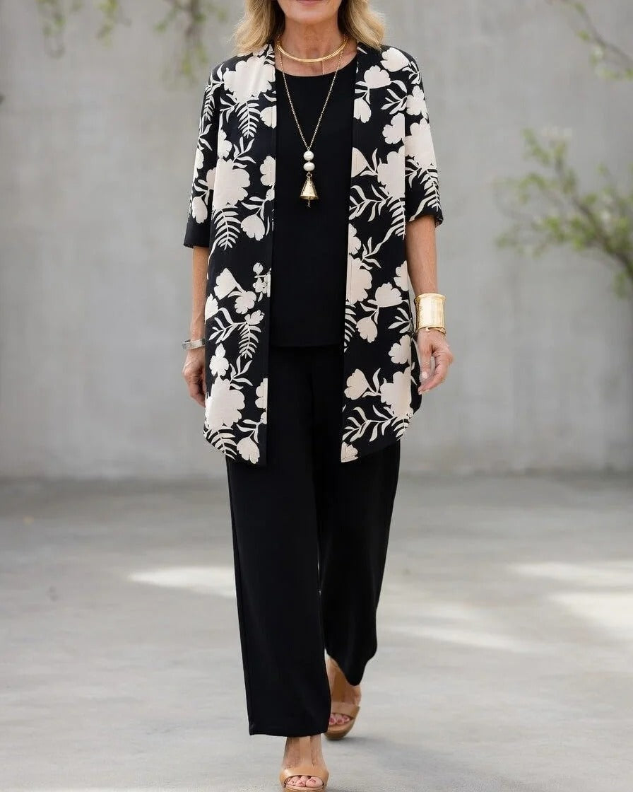 Noémie | Conjunto mujer 3 piezas elegante – Pantalón fluido y chaqueta floral