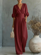 Mono mujer elegante escote V - mono pantalón ancho cintura alta