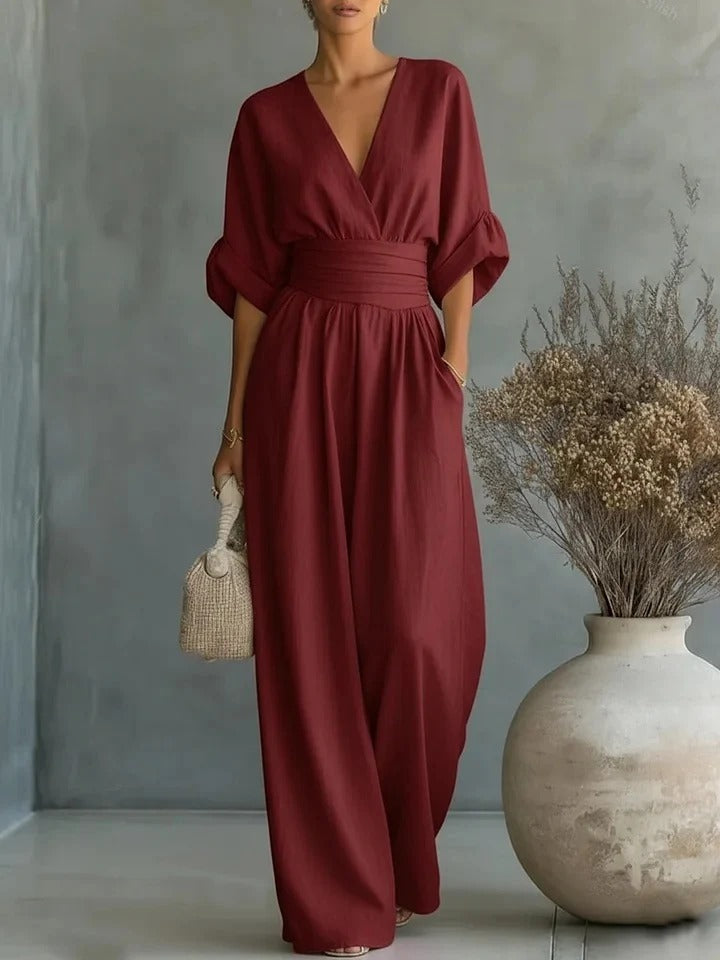 Mono mujer elegante escote V - mono pantalón ancho cintura alta