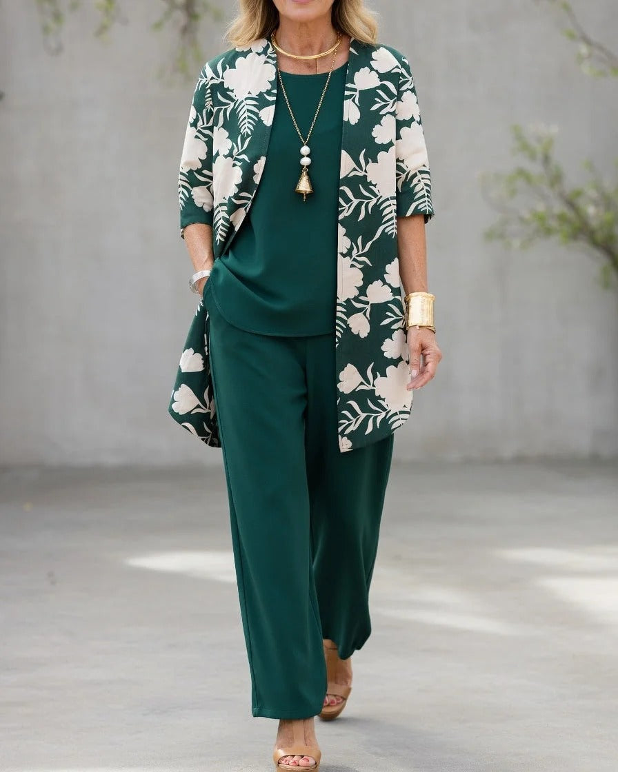 Noémie | Conjunto mujer 3 piezas elegante – Pantalón fluido y chaqueta floral