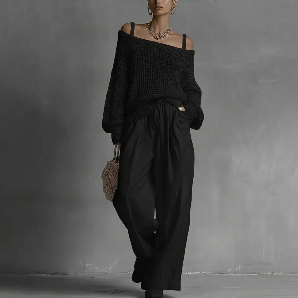Celine | Conjunto de mujer con suéter calado y pantalón ancho