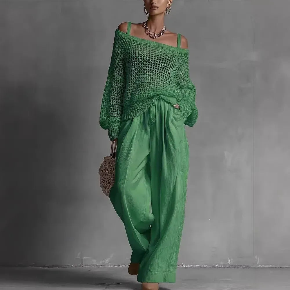 Celine | Conjunto de mujer con suéter calado y pantalón ancho