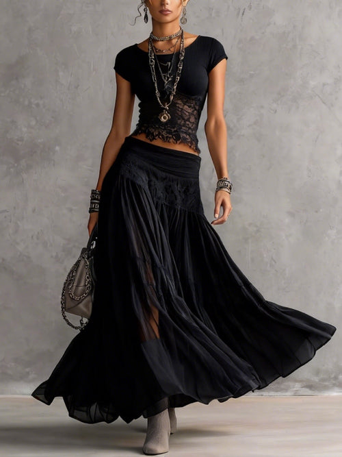 Adriana | Conjunto elegante con encaje y falda plisada